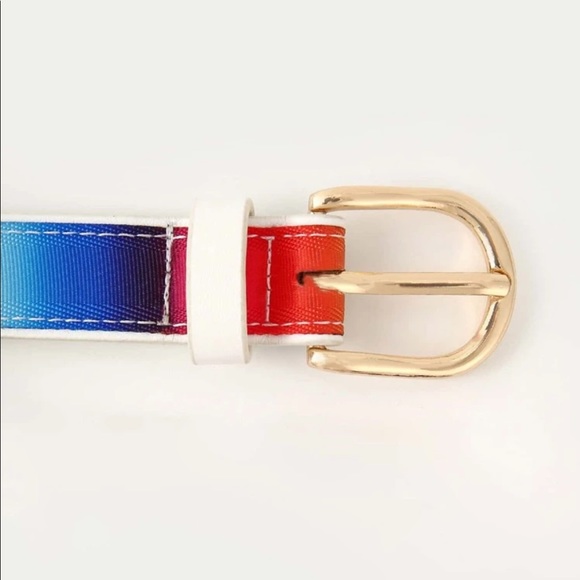🌻 NEW Vegan Leather White & Rainbow Colorblock Buckle Belt - Picture 3 of 6
